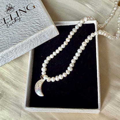 Handmade Natural Pearl Necklace with Carved Moon Pendant | 43cm, Stainless Steel Clasp