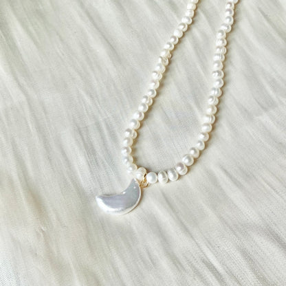 Handmade Natural Pearl Necklace with Carved Moon Pendant | 43cm, Stainless Steel Clasp