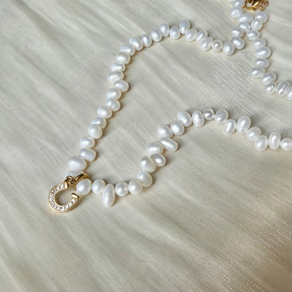 Handmade Lucky Horseshoe Natural Pearl Necklace | 43cm, Stainless Steel Clasp & Pendant