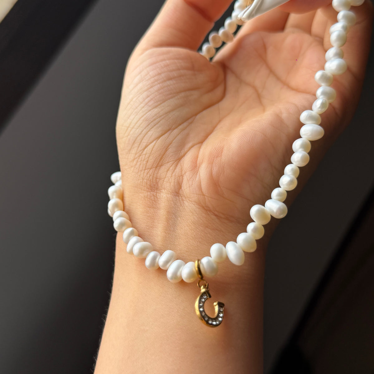 Handmade Lucky Horseshoe Natural Pearl Necklace | 43cm, Stainless Steel Clasp & Pendant
