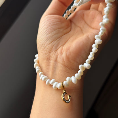 Handmade Lucky Horseshoe Natural Pearl Necklace | 43cm, Stainless Steel Clasp & Pendant