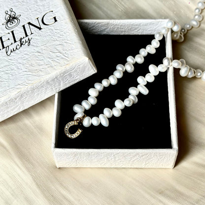 Handmade Lucky Horseshoe Natural Pearl Necklace | 43cm, Stainless Steel Clasp & Pendant