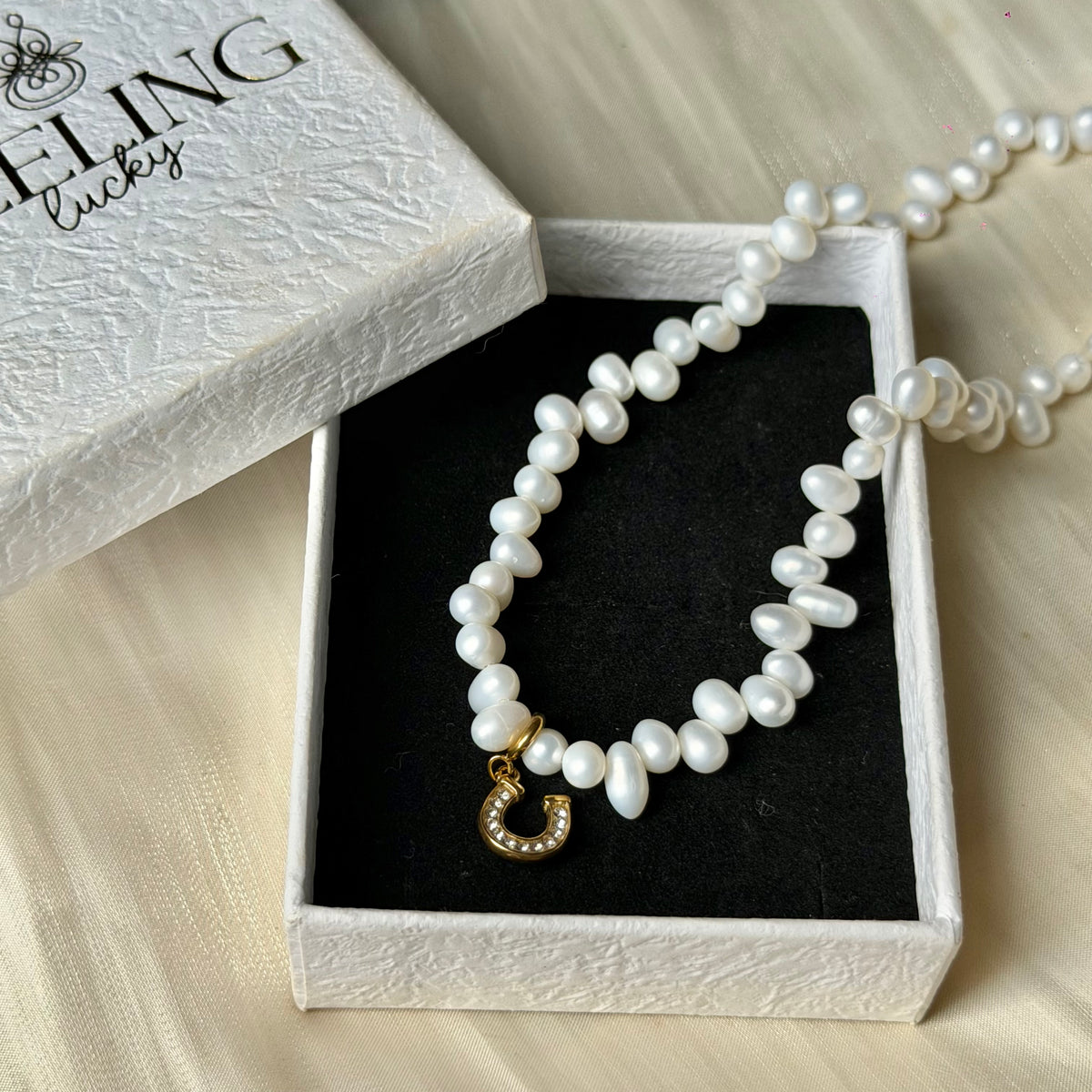 Handmade Lucky Horseshoe Natural Pearl Necklace | 43cm, Stainless Steel Clasp & Pendant