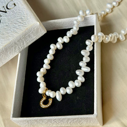 Handmade Lucky Horseshoe Natural Pearl Necklace | 43cm, Stainless Steel Clasp & Pendant