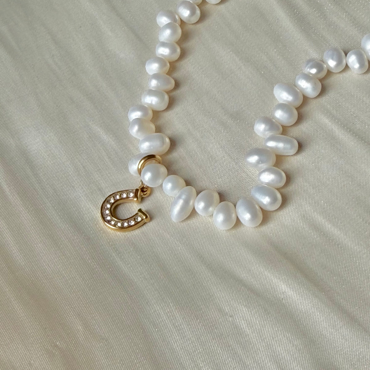 Handmade Lucky Horseshoe Natural Pearl Necklace | 43cm, Stainless Steel Clasp & Pendant