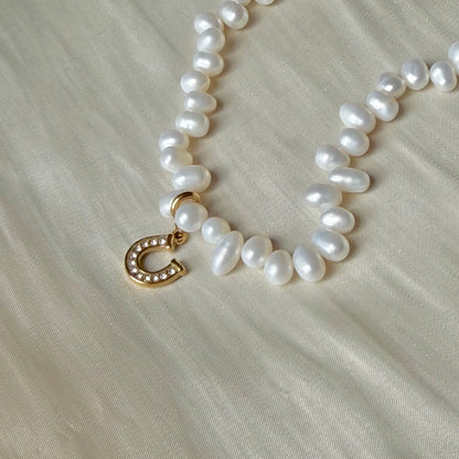 Handmade Lucky Horseshoe Natural Pearl Necklace | 43cm, Stainless Steel Clasp & Pendant