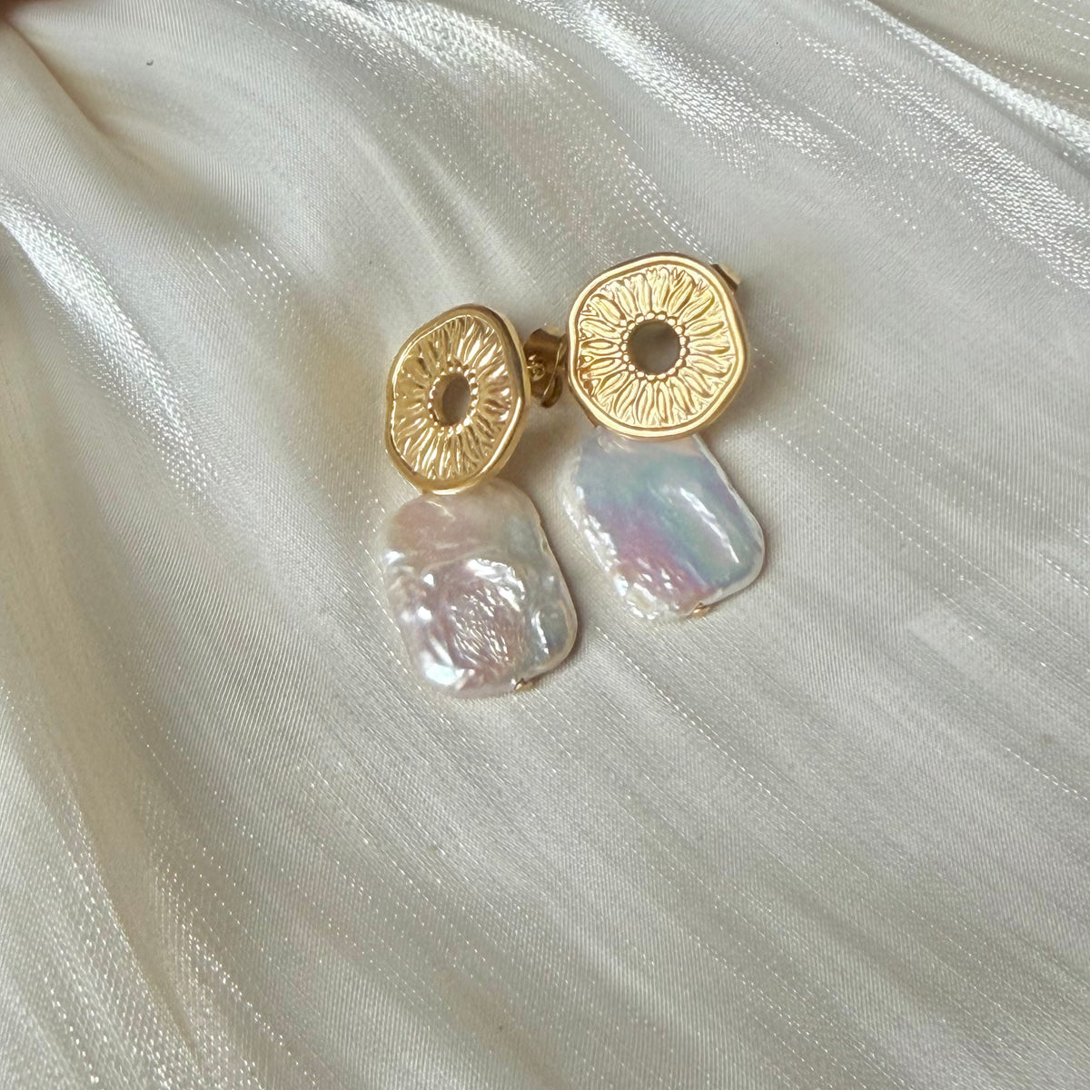 Handmade Sun Disc Natural Baroque Pearl Drop Earrings, Stainless Steel