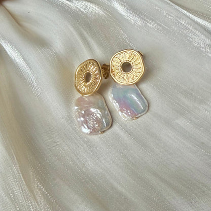 Handmade Sun Disc Natural Baroque Pearl Drop Earrings, Stainless Steel