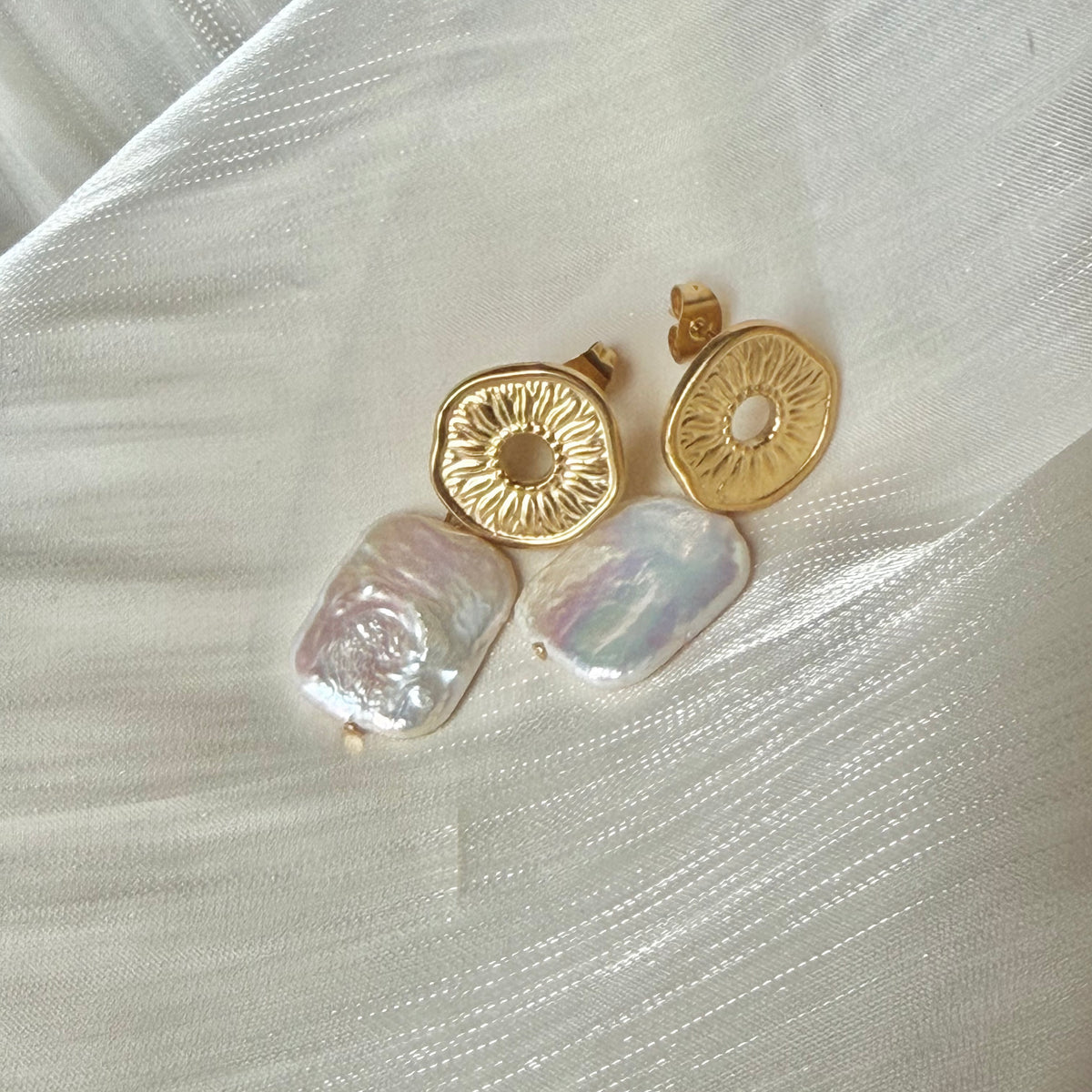 Handmade Sun Disc Natural Baroque Pearl Drop Earrings, Stainless Steel