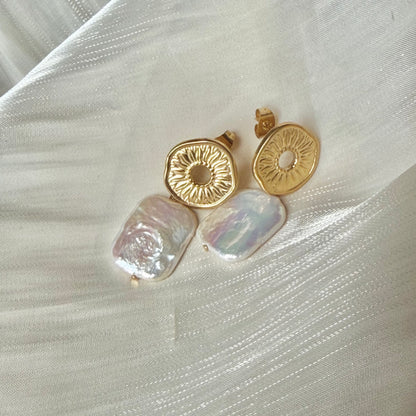 Handmade Sun Disc Natural Baroque Pearl Drop Earrings, Stainless Steel