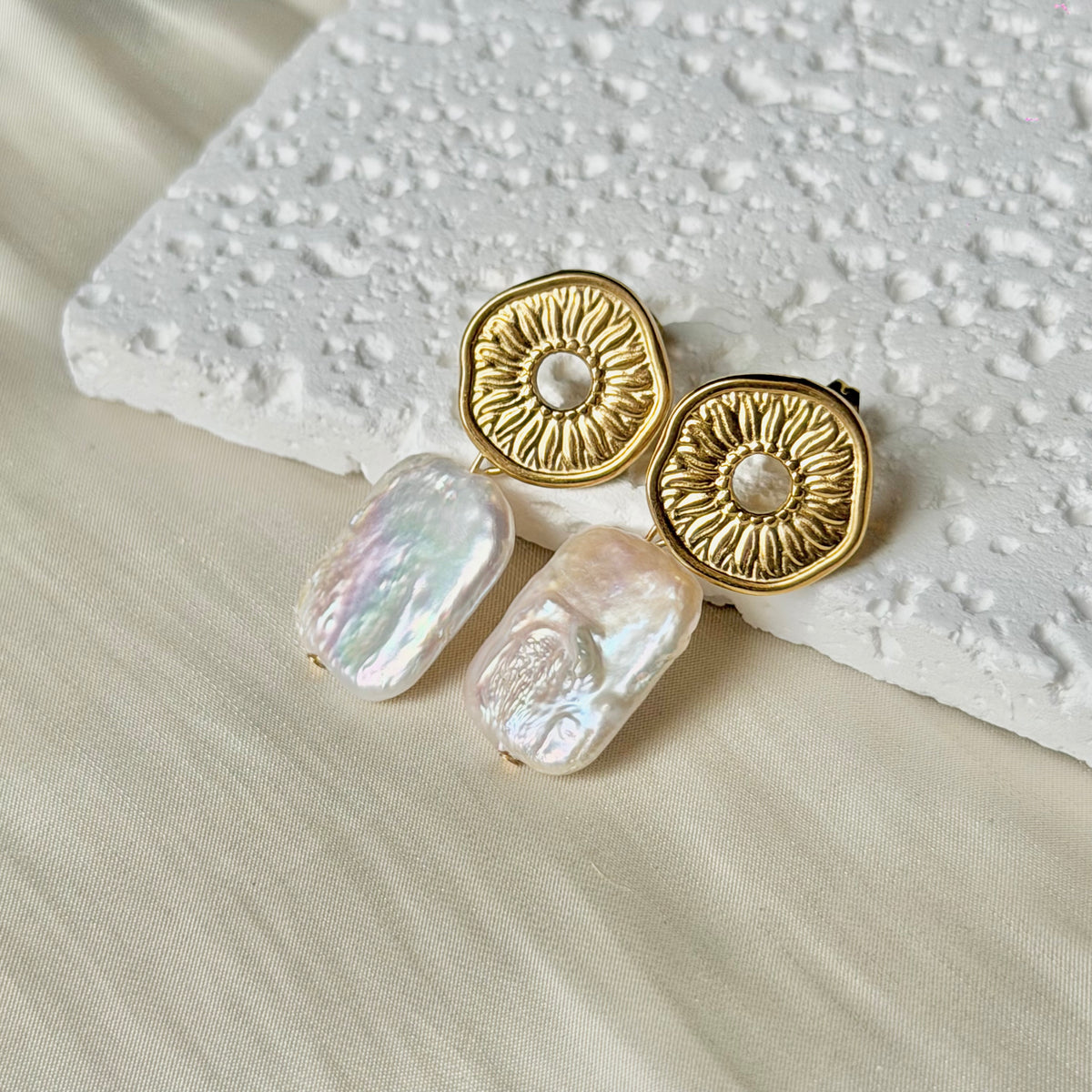 Handmade Sun Disc Natural Baroque Pearl Drop Earrings, Stainless Steel