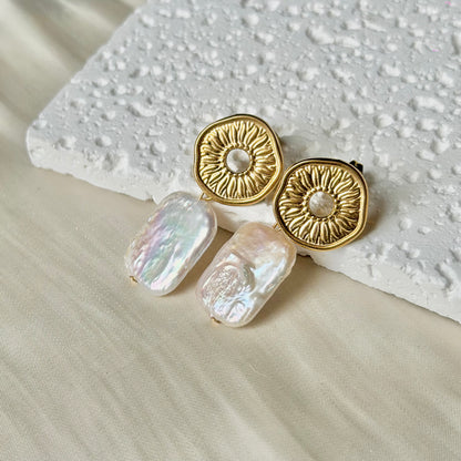 Handmade Sun Disc Natural Baroque Pearl Drop Earrings, Stainless Steel