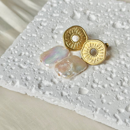Handmade Sun Disc Natural Baroque Pearl Drop Earrings, Stainless Steel