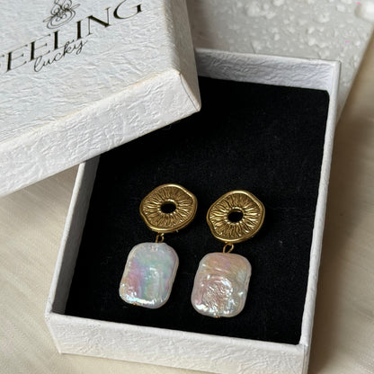 Handmade Sun Disc Natural Baroque Pearl Drop Earrings, Stainless Steel