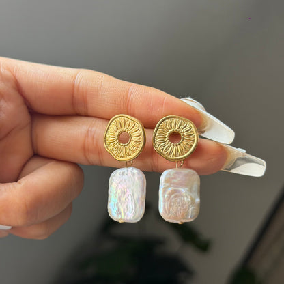 Handmade Sun Disc Natural Baroque Pearl Drop Earrings, Stainless Steel