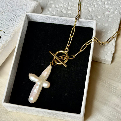 Handmade Cross-shaped Baroque Pearl Necklace | 45cm, Stainless Steel Toggle Clasp