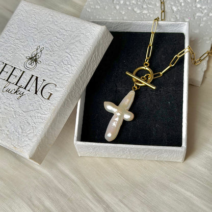 Handmade Cross-shaped Baroque Pearl Necklace | 45cm, Stainless Steel Toggle Clasp