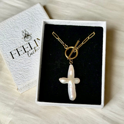 Handmade Cross-shaped Baroque Pearl Necklace | 45cm, Stainless Steel Toggle Clasp