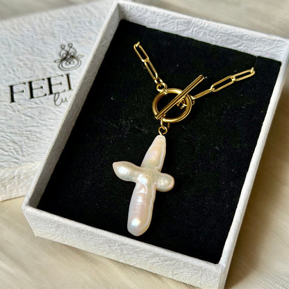 Handmade Cross-shaped Baroque Pearl Necklace | 45cm, Stainless Steel Toggle Clasp