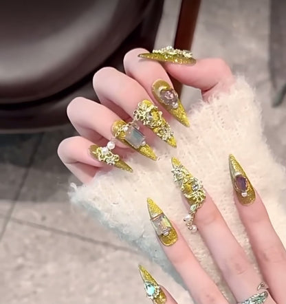 Glam Gold Jeweled Handmade Press-On Nails