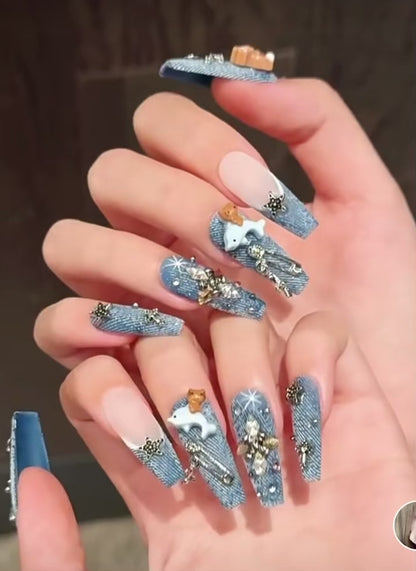 Whimsical Denim Charm Handmade Press-On Nails